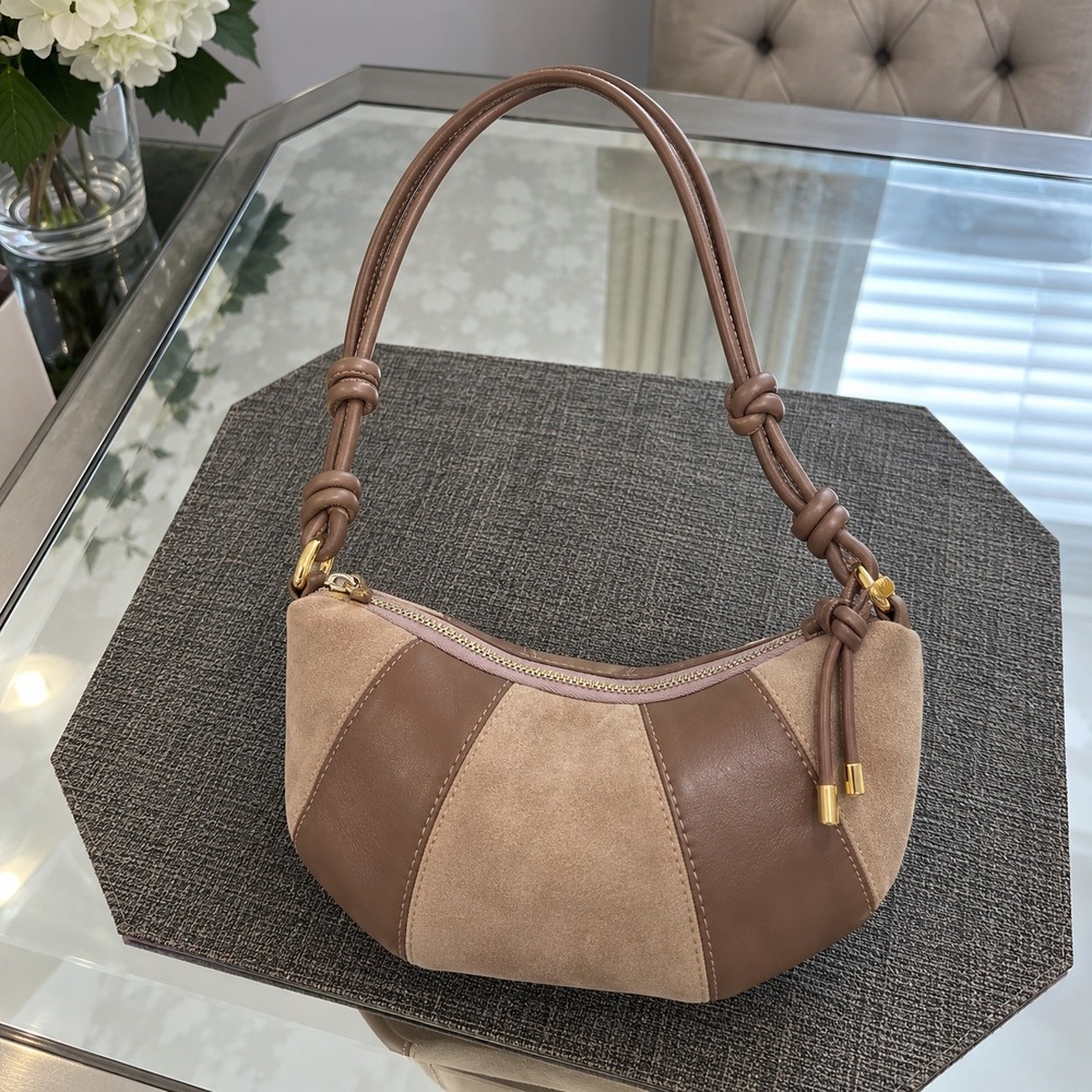 Khaki Patchwork Crescent Shoulder Bag faux Suede Leather Zip Top